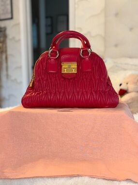 Miu Miu Matelasse Red Quilted Leather 2way Bag with Gold Hardware
